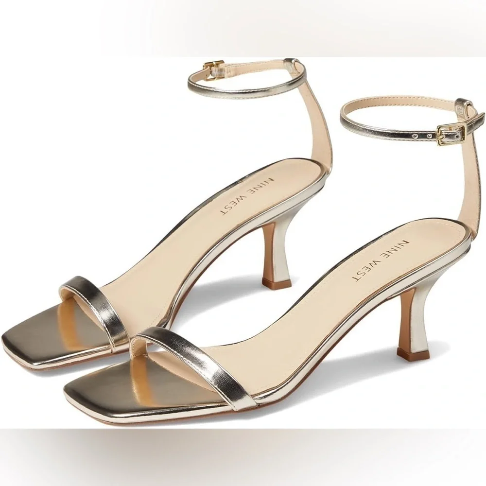 New Nine West Rani Pump Heeled Sandals Minimalist Metallic Gold Sz 5.5